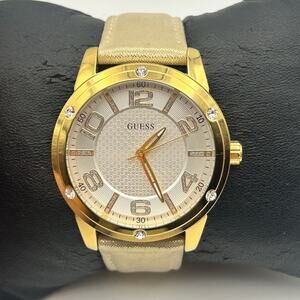 GUESS Gold Tone Leather Crystals Accents Women’s Watch Working New Battery